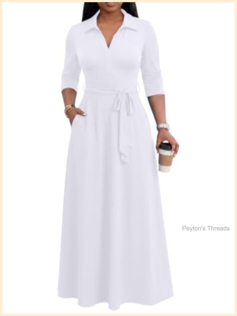 Maxi Dress V-Neck 3/4 Sleeve Long Semi Formal Church Dress with Pockets